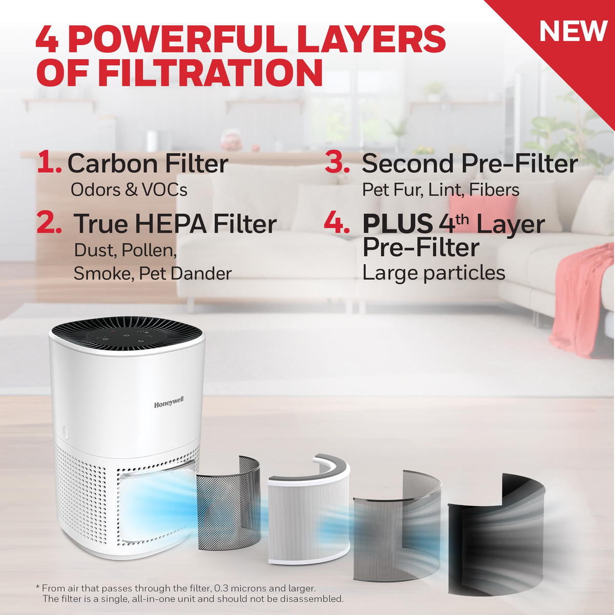 Allergen Plus 4-in-1 HEPA Air Purifier for Home by Honeywell – Large, White, Model HPA4300W