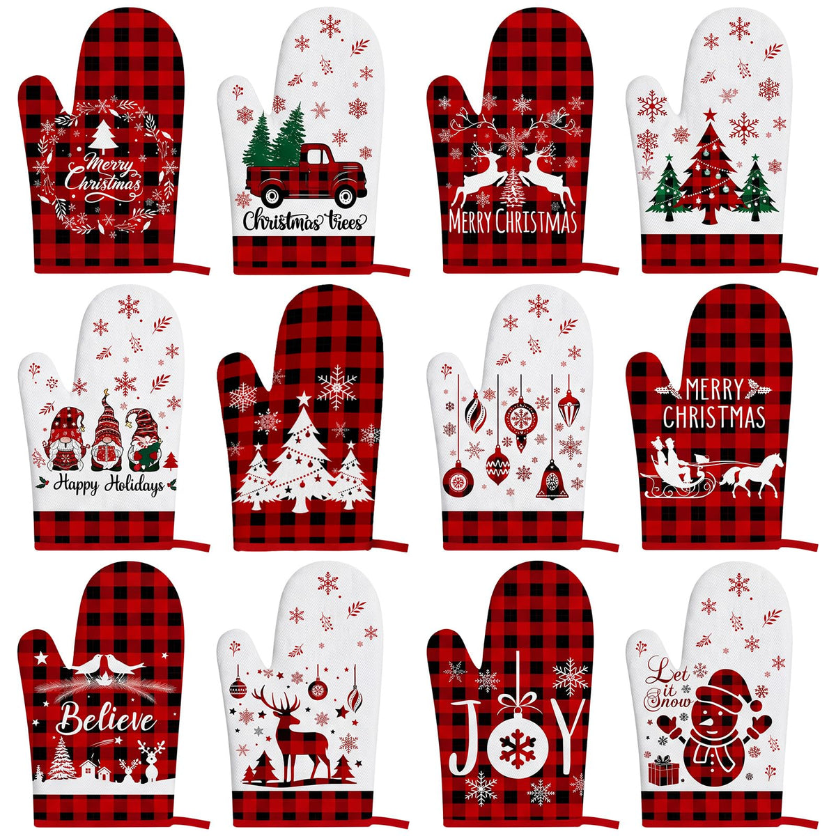 Sratte Christmas Oven Mitts, 12 Pack, Multicolored Plaid Santa Joy