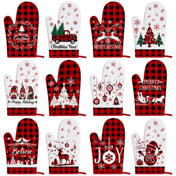 Sratte Christmas Oven Mitts, 12 Pack, Multicolored Plaid Santa Joy