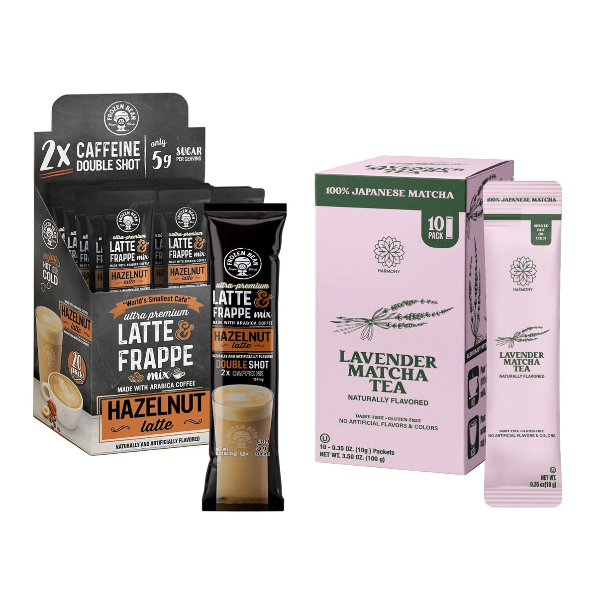 Hazelnut Frappe & Latte Instant Mix (20 Sticks) - The Harmony Matcha Lavender (10 Sticks) by The Frozen Bean – 1 Count (Pack of 30)