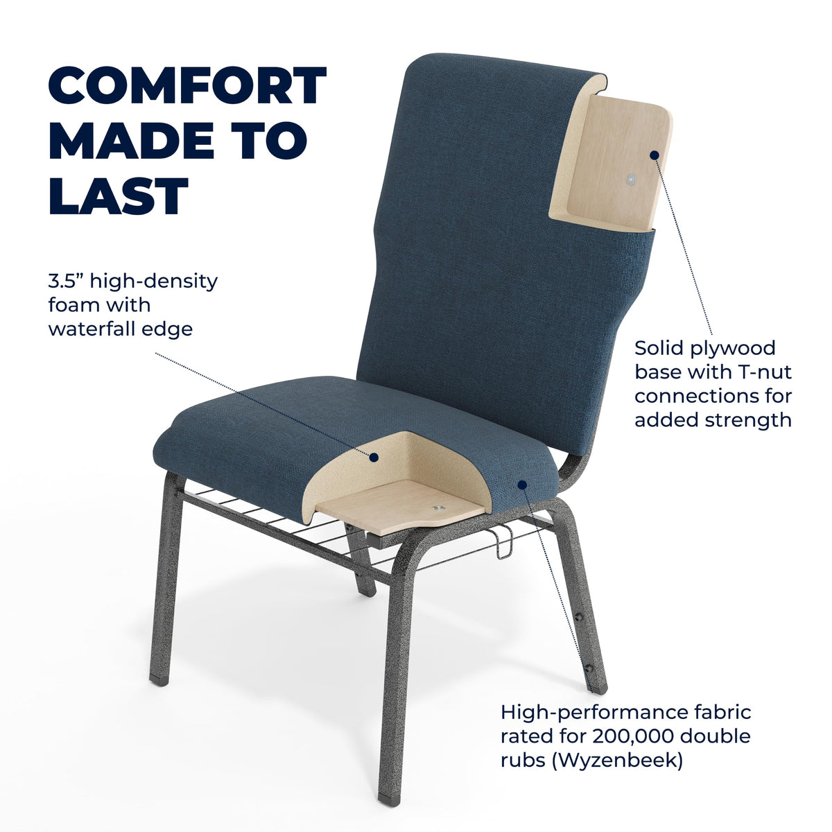 21 in Wide Church Chair by Flash Furniture – Set of 1, Textile, Navy Fabric/Silver Vein Frame, Model EPCHT-101