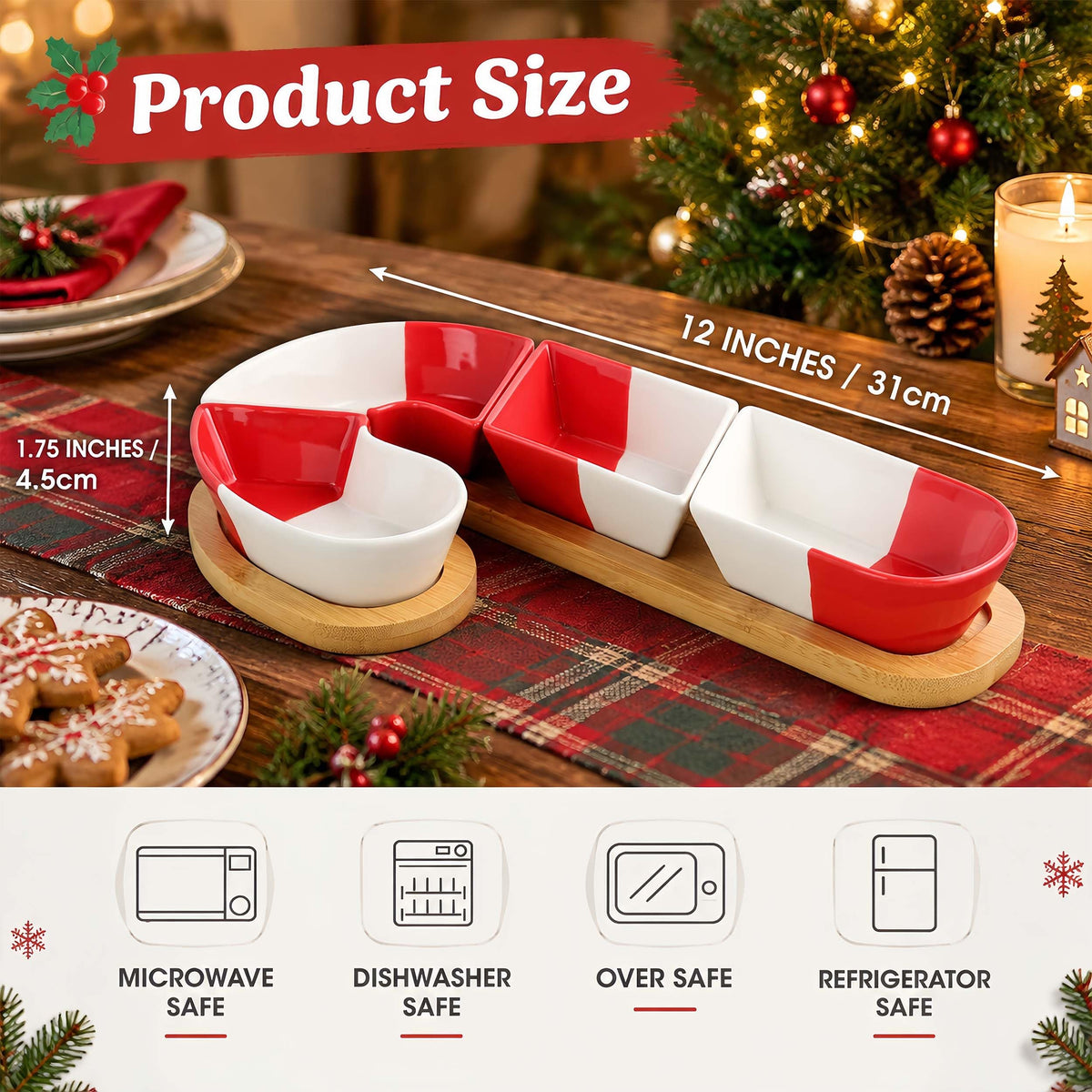 Feenmai Santa Cane Serving Set, Ceramic and Wood, White Red