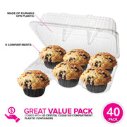 6-Compartment Plastic Cupcake Containers Disposable (40 Count) Clear Container with Connected Dome Lid by Stock Your Home – 6 Compartment - 40 Count, 2.5 inches, Model 2336
