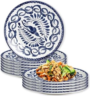 Dinner Platter Chop Plates, Anfora Puebla Blue Hand Painted Mexican Vitrified China, Commercial Restaurant Hospitality Industry Dinnerware, Large Entree Serving Tray, 13" Round, Set of 12