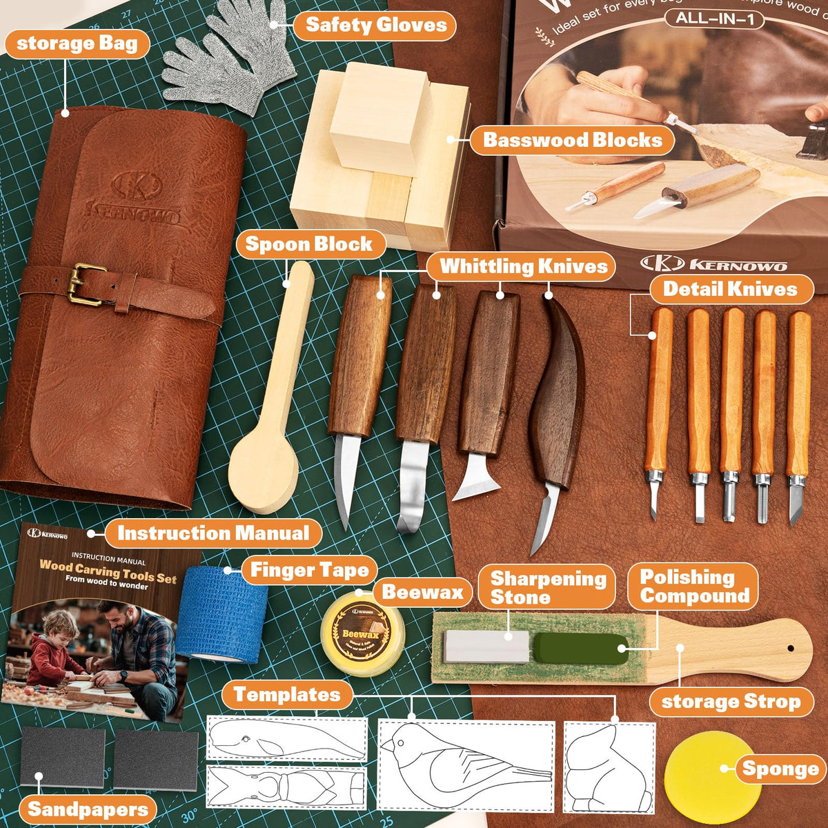 K Kernowo Wood Carving Kit, 32 Piece Set with Knives and Templates