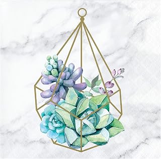 Creative Converting Geometric Succulents Beverage Napkins, 5", Gray, White and Gold