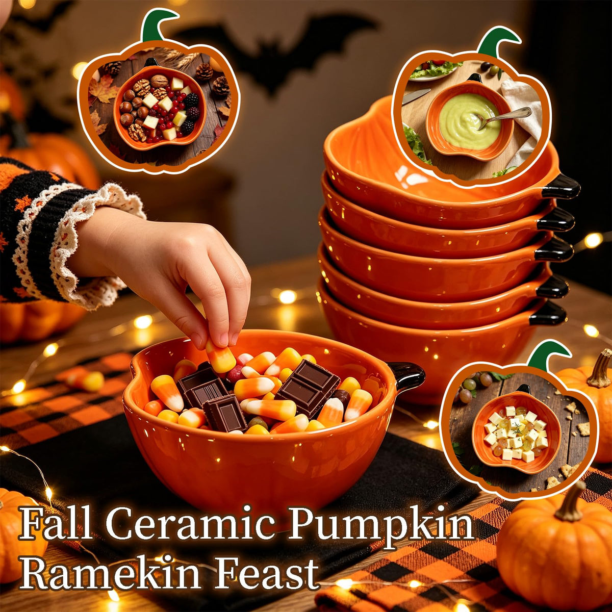 Gooyule Pumpkin Bowls, 6 oz Ceramic Ramekins, Set of 6, Orange
