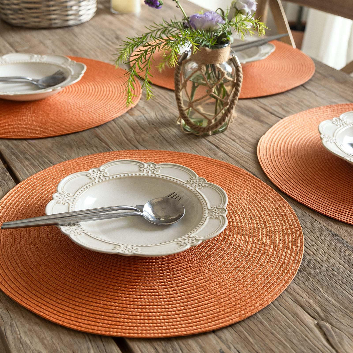 FunWheat Round Braided Placemats, 15 Inch Diameter, Set of 6, Pumpkin Orange