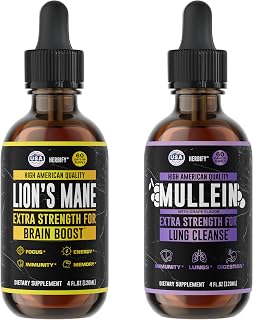 HERBIFY Bundle - Lions Mane & Mullein Grape 4 Fl Oz Drops - Supplement for Memory, Focus & Clarity & Immune Support, Lung Cleanse and Bronchial Support