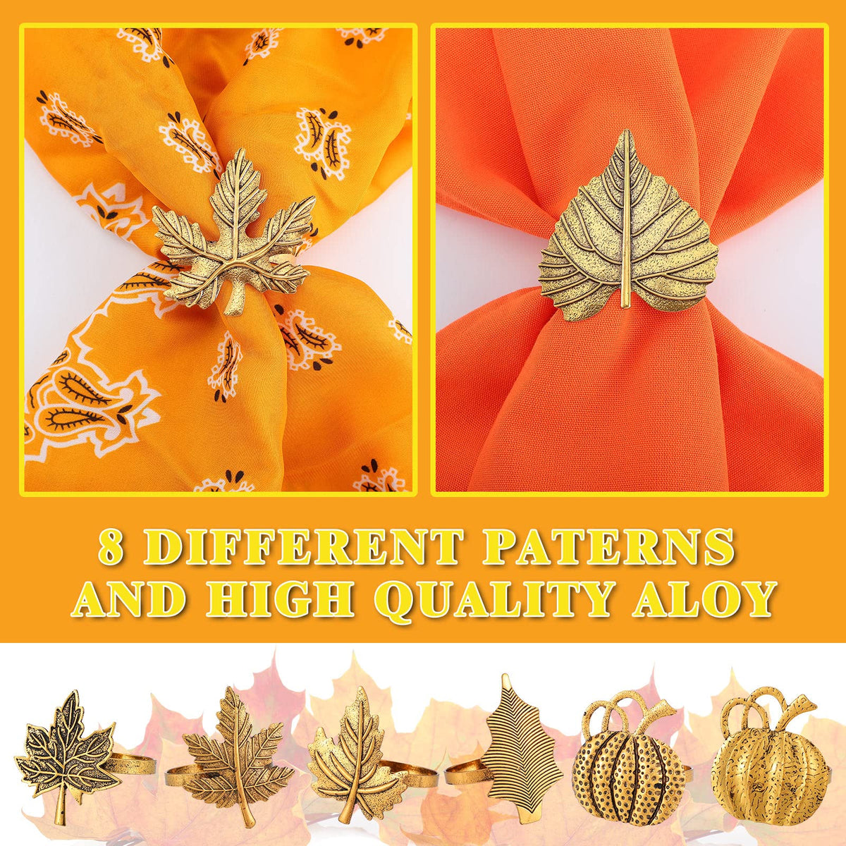 Willbond Thanksgiving Napkin Rings, 12 Piece Set, Golden