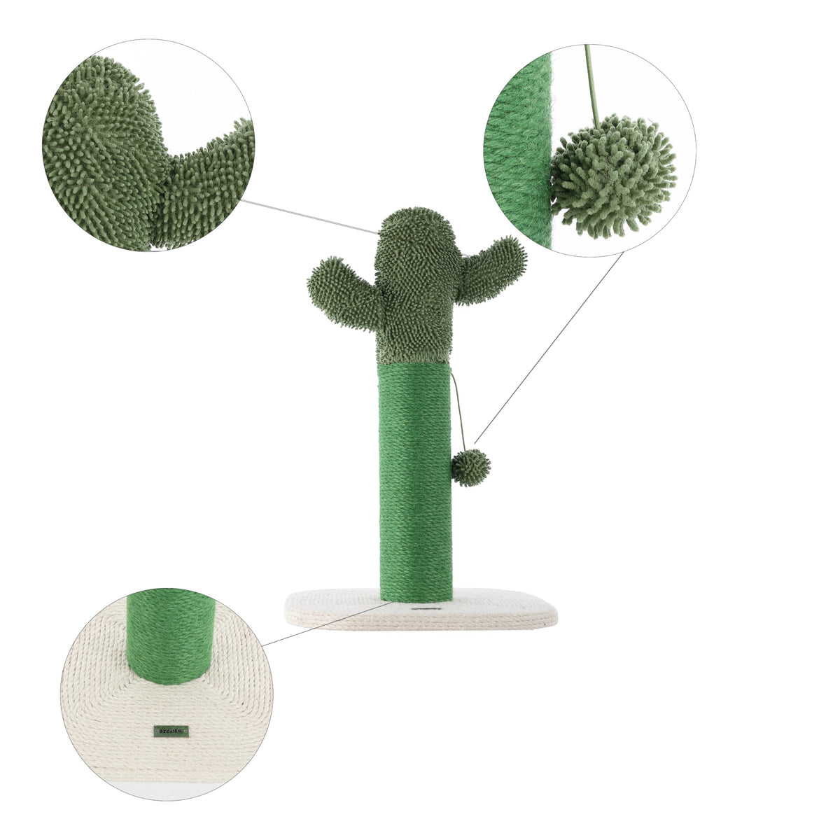 Pecos 21" Modern Jute Cactus Cat Scratching Post with Fuzzy Toy by THE LICKER STORE – Jute, White Jute, Green, Model CTR1000A