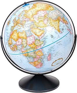 Replogle Eureka 16 inch desktop globe with up to date blue raised relief map and full swing gyromatic assembly. The beautiful blue ocean product has vast amounts of up-to-date information will pique the interest of any geographical connoisseur of all