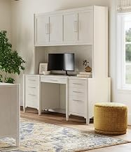 Modern Wood Desk with Hutch, Office Storage, Writing Table with Cabinet, Fully Assembled, White