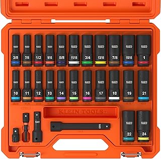 KLEIN TOOLS 65123HD KNECT Deep-Well Impact Socket Set, 1/2-Inch Drive, SAE and Metric, 28-Piece Tool Set, 1/4-Inch Impact Driver, Wrench Extensions, Color-Coded, Removable Socket Organizer