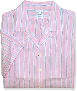 Brooks Brothers Mens Regent Fit All Linen Camp Collar Button Down Shirt, (Large, 220135 Pink/Blue Stripe)