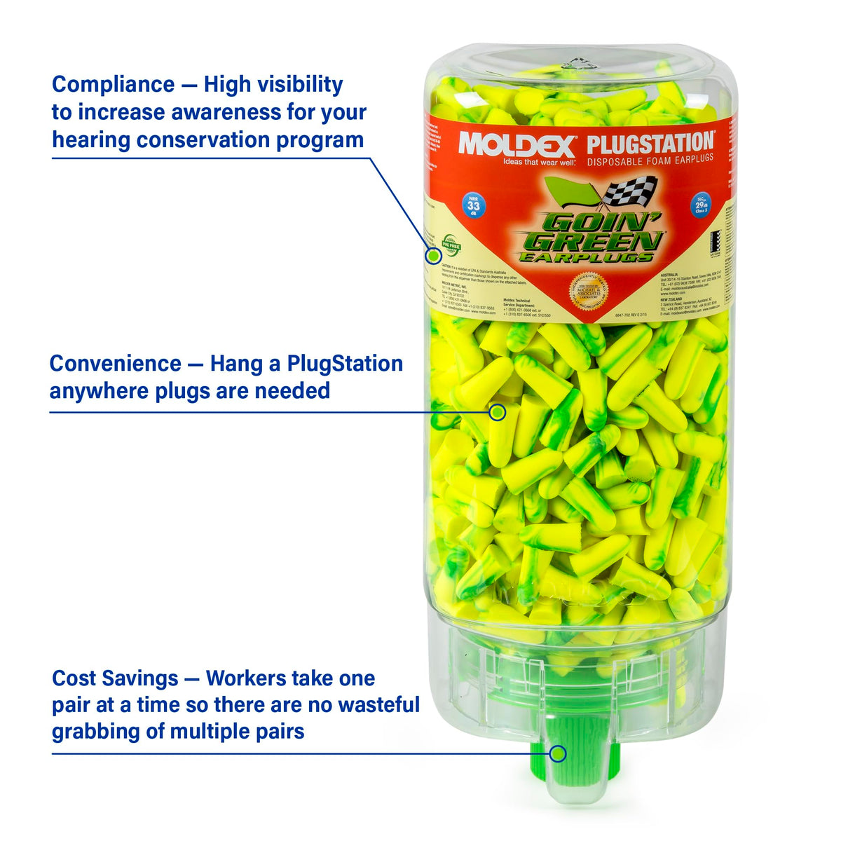 Moldex Goin' Green® PlugStation® Uncorded Disposable Foam Earplug Dispenser by Goin’ Green – Standard, Polyurethane Foam, Green, Pack of 500, Model 6647