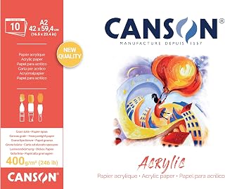 Canson Acrylic, Acrylic Paper, Canvas Grain, 400 GSM, Long Side Glued Pad, A2-42 x 59.4 cm, Natural White