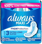 Always Maxi Feminine Pads with Wings for Women, Size 3, Extra Long Super Absorbency, Unscented, Up to 100% Leak-Free Protection, 33 Count