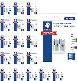 STAEDTLER Metal Double-Hole Pencil Sharpener, 18 Pack | Precision 23° & 30° Angles, Standard & Colored Pencils, 3-Point Blade Design