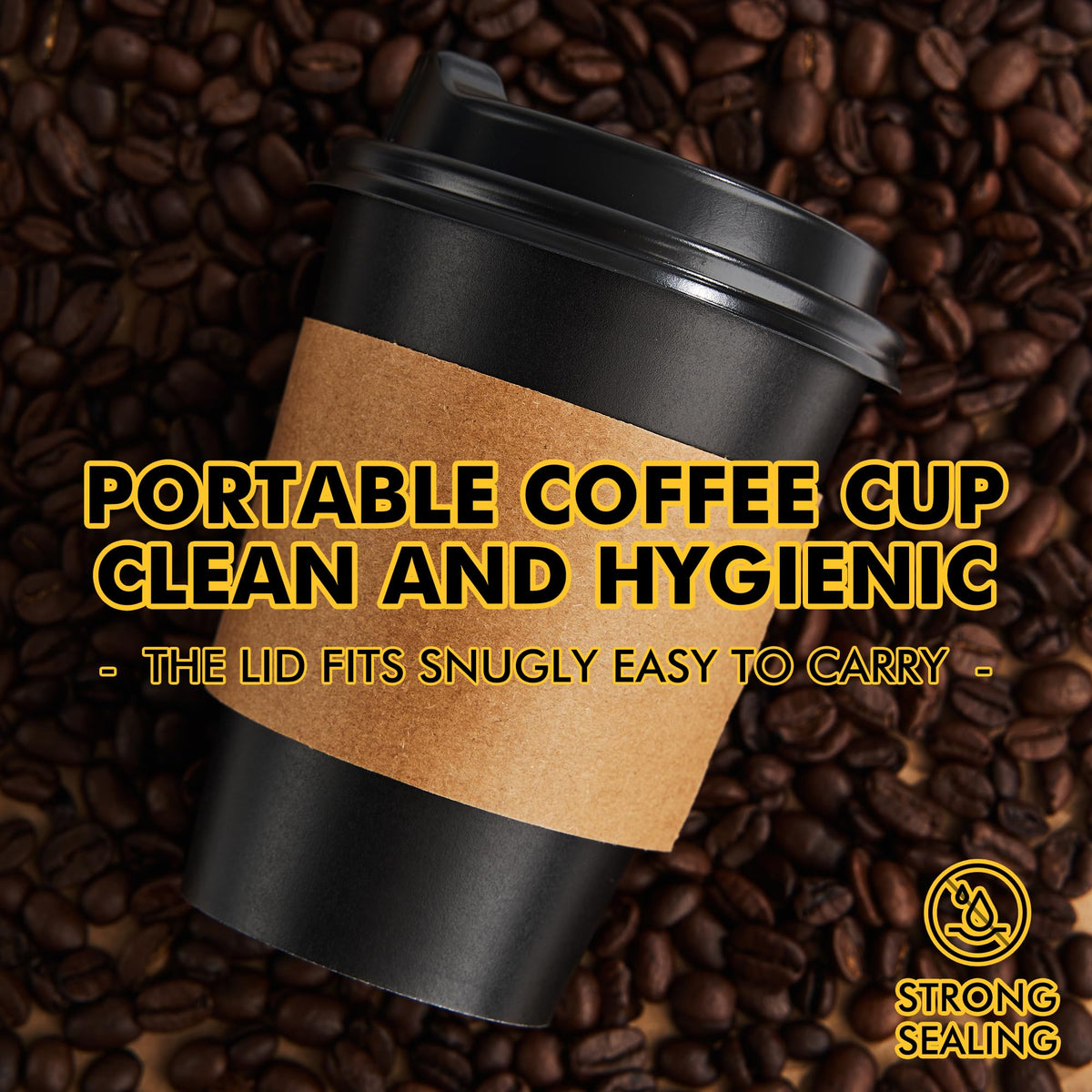 Racetop Paper Coffee Cups, 12 oz with Lids and Sleeves, Black, 100 Count