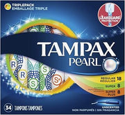 Tampax Tampons Pearl Triple Pack 34 Count Unscented 18 Regular+8 Super+8 (3 Pack)