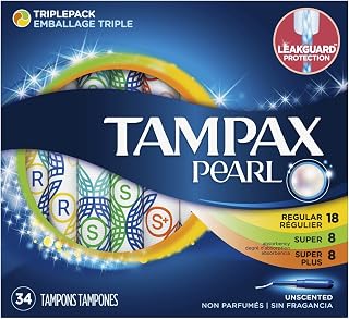 Tampax Tampons Pearl Triple Pack 34 Count Unscented 18 Regular+8 Super+8 (3 Pack)