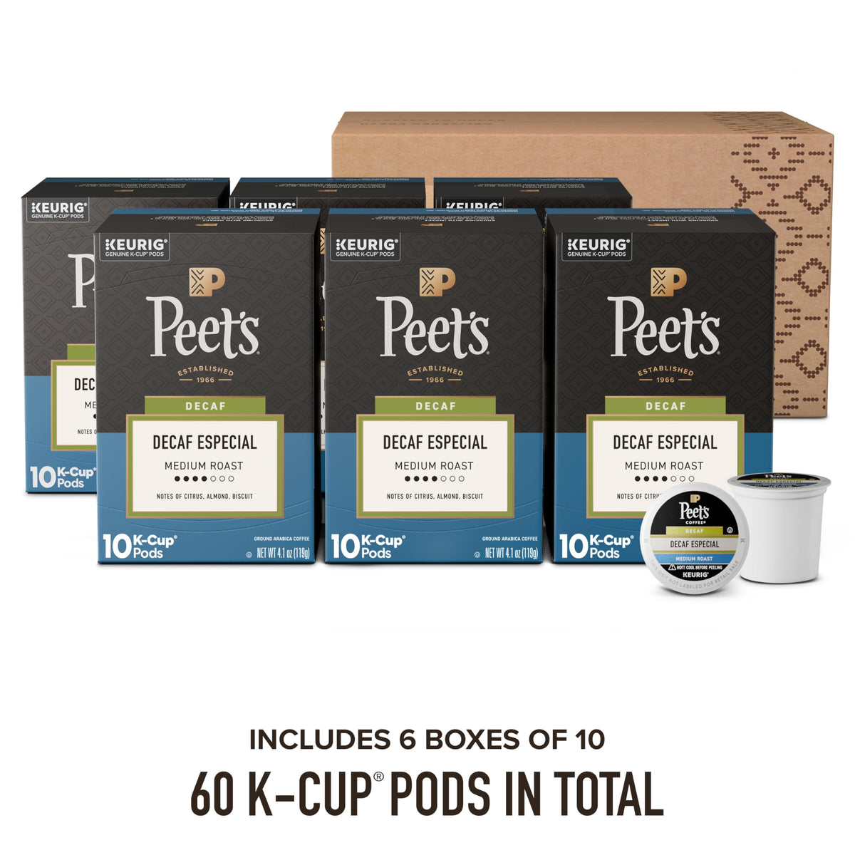 Coffee Pods by Peet's Coffee – 10 Count (Pack of 6), Decaf Especial - 60 K-Cups, Pack of 6, Model 511877