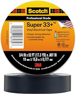 3M Scotch Super 33+ Electrical Tape, 3/4 in x 52 ft, 1 Roll, Black