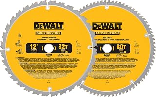 DEWALT 12-Inch Miter Saw Blade, Crosscutting, Tungsten Carbide, 80-Tooth and 32-Tooth, 2-Pack (DW3128P5, DW3123), yellow