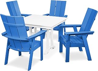 Polywood Modern Curveback Adirondack 5-Piece Farmhouse Trestle Dining Set in Pacific Blue/White