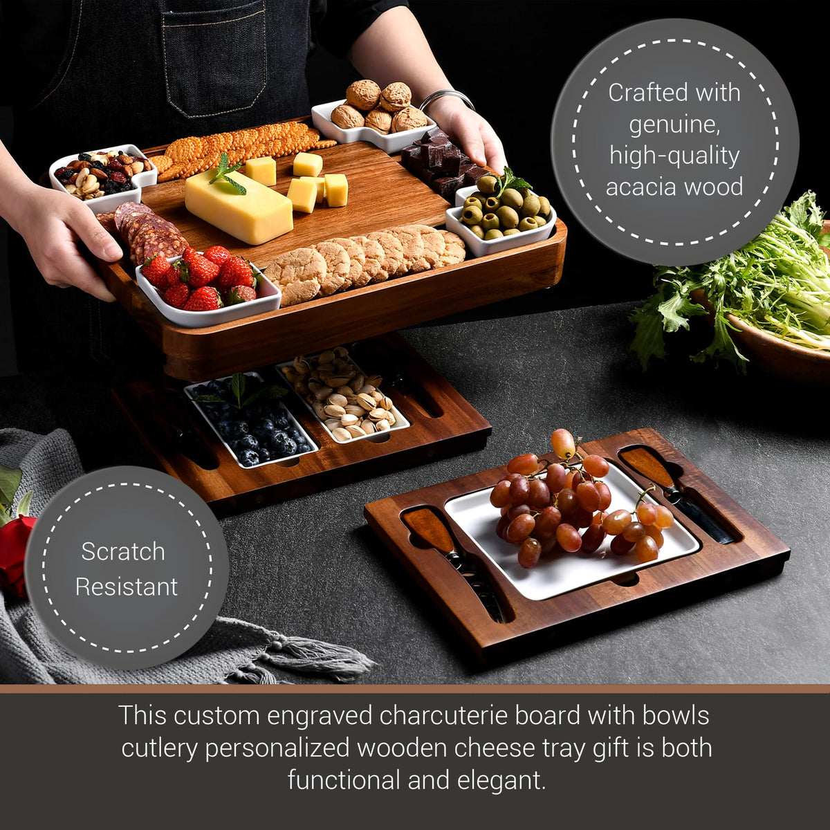 Shanik Acacia Cheese Board Set, Square Charcuterie Platter with Hidden Drawers, Brown