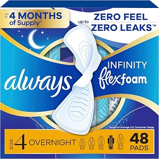 Always Infinity FlexFoam Pads for Women, Size 4, Overnight Pad with Wings, Unscented, Up to Zero Feel, Zero Leaks, 48 Count