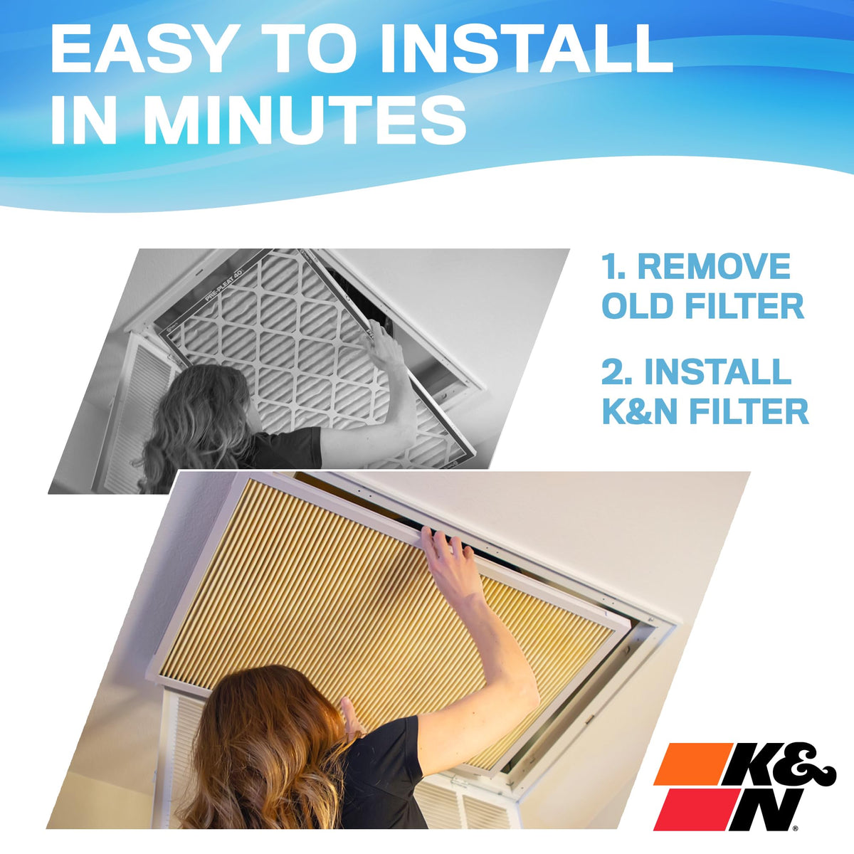 24x24x1 HVAC Furnace Air Filter by K&N – 23.6" x 23.6" x 0.8", Synthetic Polymer (PMMA), Yellow, Model HVC-12424