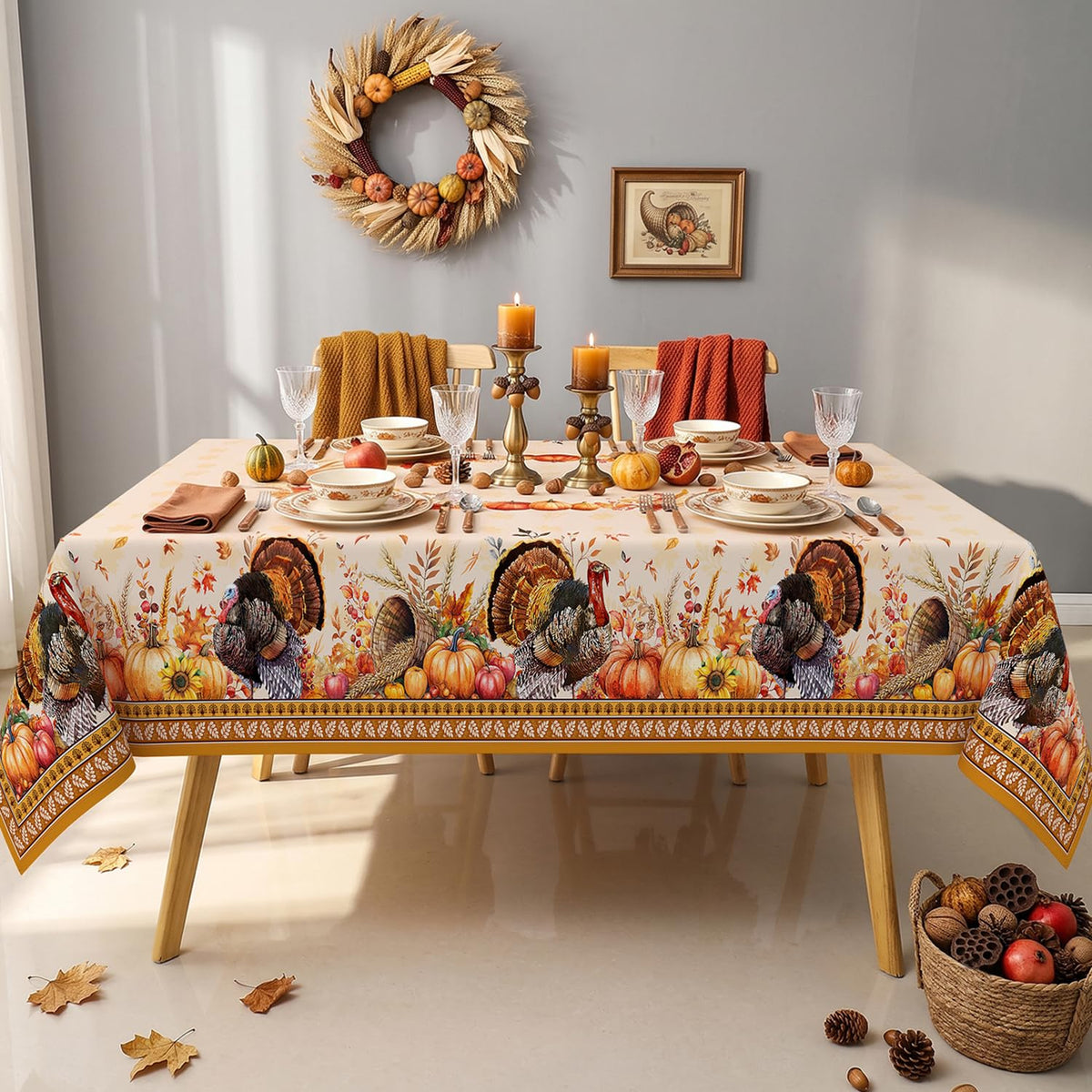 Pahhjsa Thanksgiving Tablecloth, 60 x 120 Inch Rectangle, Thanksgiving Harvest