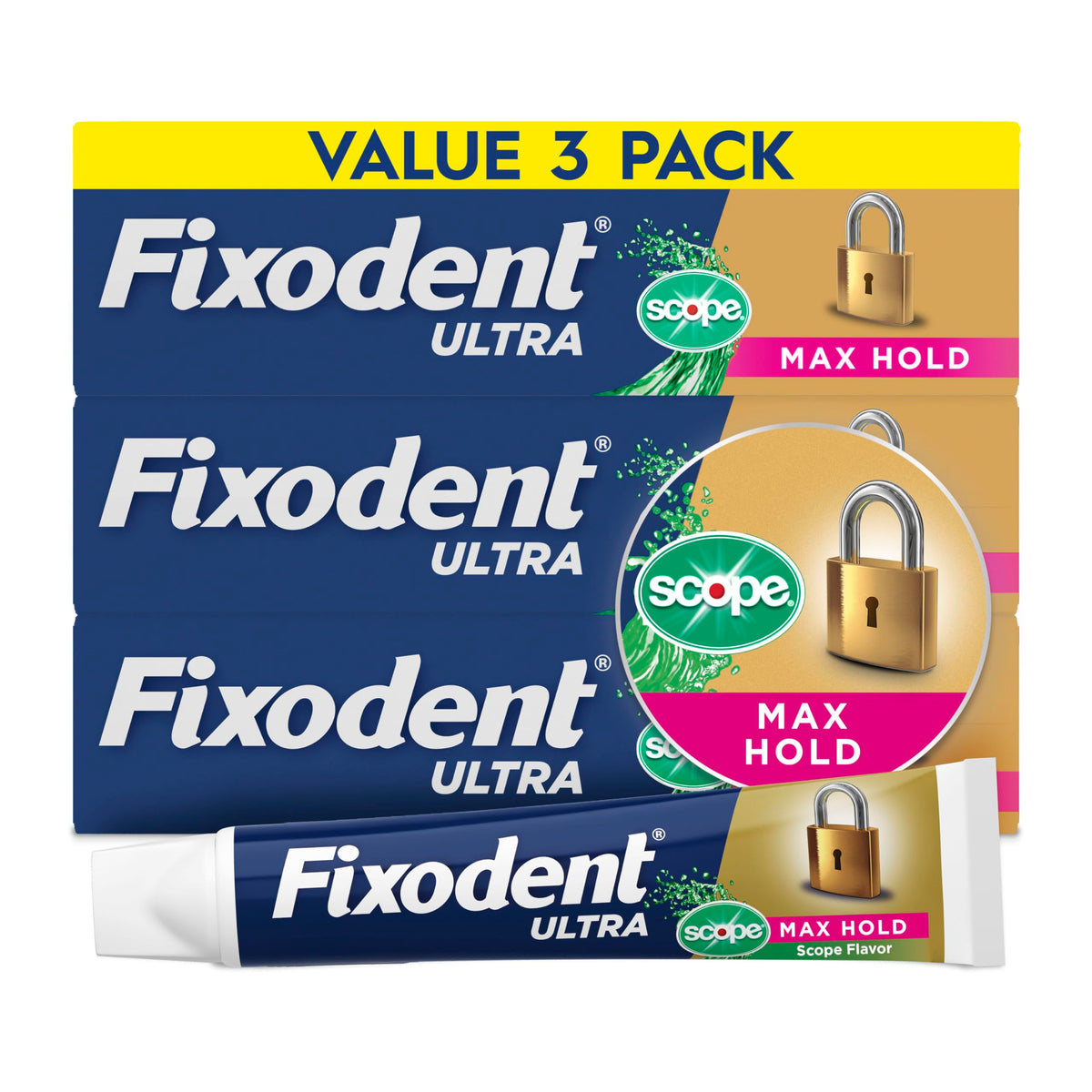 Ultra Max Hold Plus Scope Secure Denture Adhesive by Fixodent – 5.4 Ounce (Pack Of 1), Pack of 3, Model P_15238