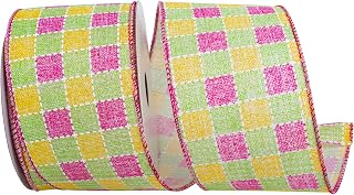 Reliant Ribbon Pastels Printed Stitched Check Wired Edge, Multi, 2-1/2 Inch, 10 Yards