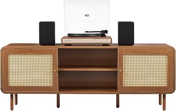 Crosley Furniture Nora Modern Record Player Cabinet with Vinyl Storage, Rattan Turntable Stand for Records, Walnut