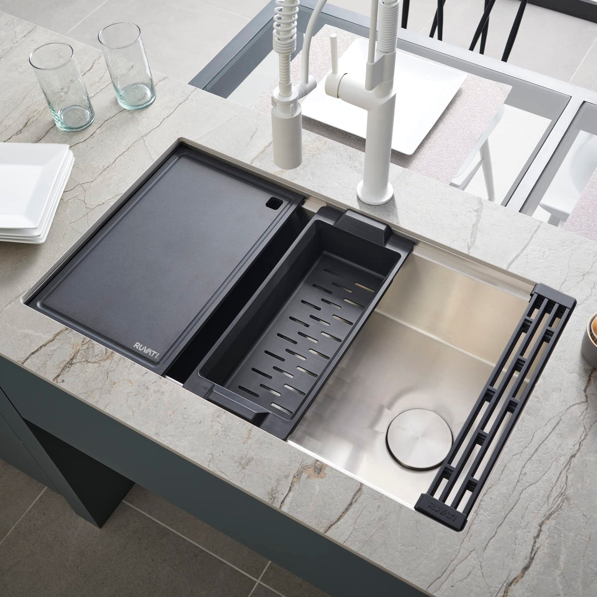 33-in Offset-Drain Workstation Sink with Black Accessories by Ruvati – 33 inch- Single Bowl, Stainless Steel, Model RVH8597
