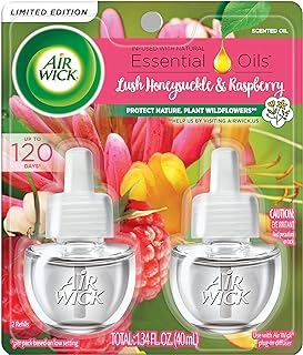 Air Wick Plug in Scented Oil Refill, 2 ct, Lush Honeysuckle and Raspberry, Air Freshener, Essential Oils, Spring Collection