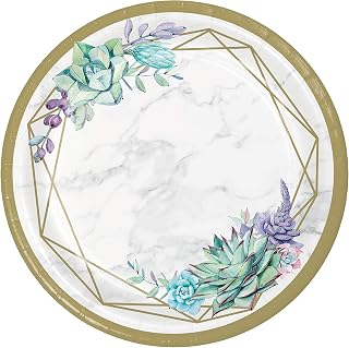 Creative Converting Geometric Succulents Dinner Plates, 10", Gray, White and Gold