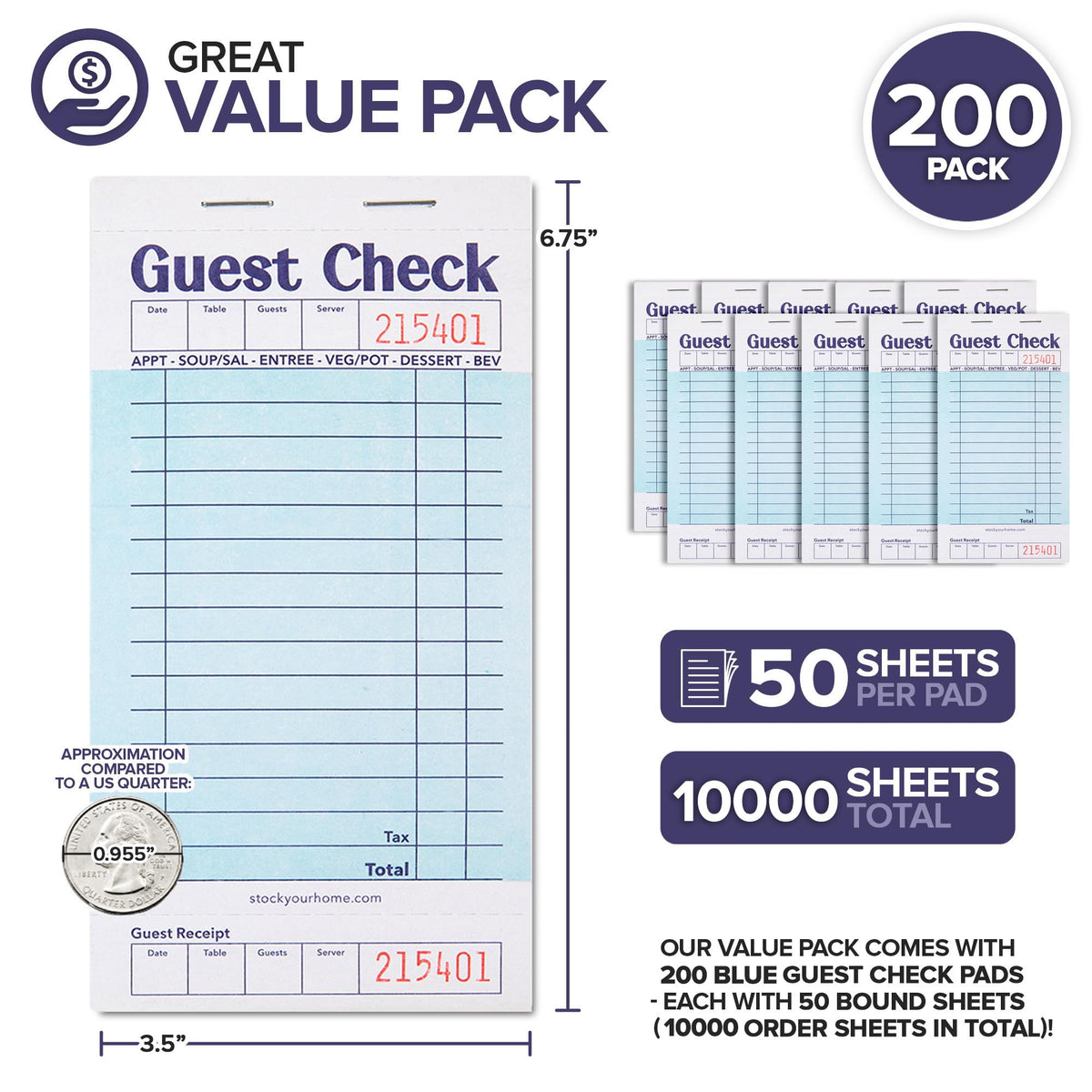 Blue Guest Check Books for Servers (200 Pack) Server Note Pads by Stock Your Home – Pack of 200, Model Stock Your Home