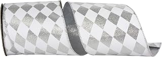 Reliant Ribbon Shiny Diamond Metallic Deluxe Metallic Backed Wired Edge, White/Silver, 4 Inch, 10 Yards