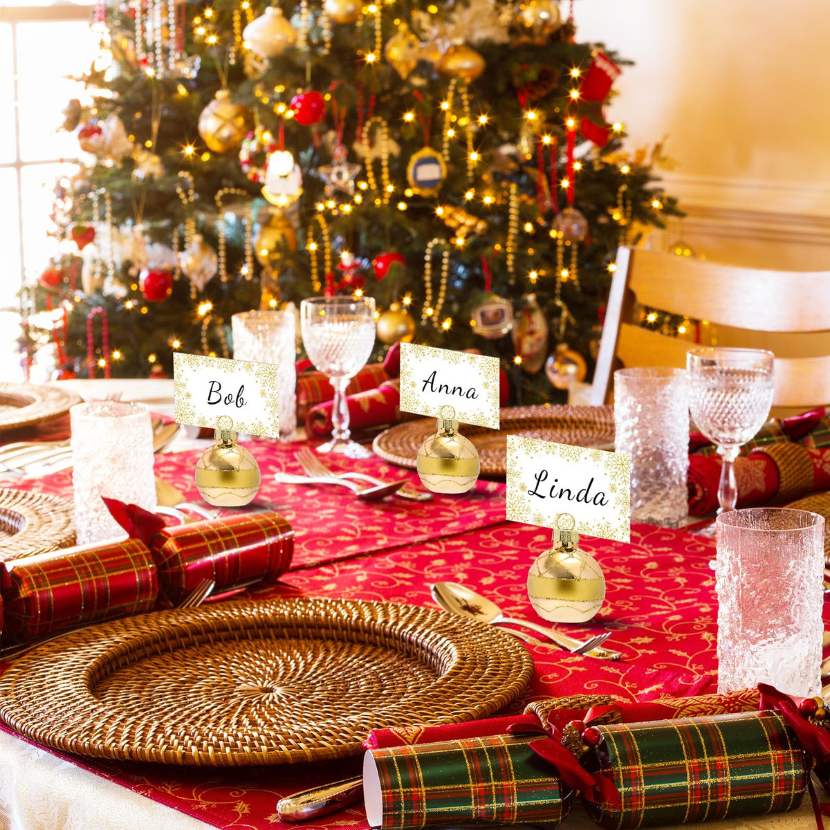 Whaline Ball Ornament Place Card Holders, Gold Snowflake, 12 Pack