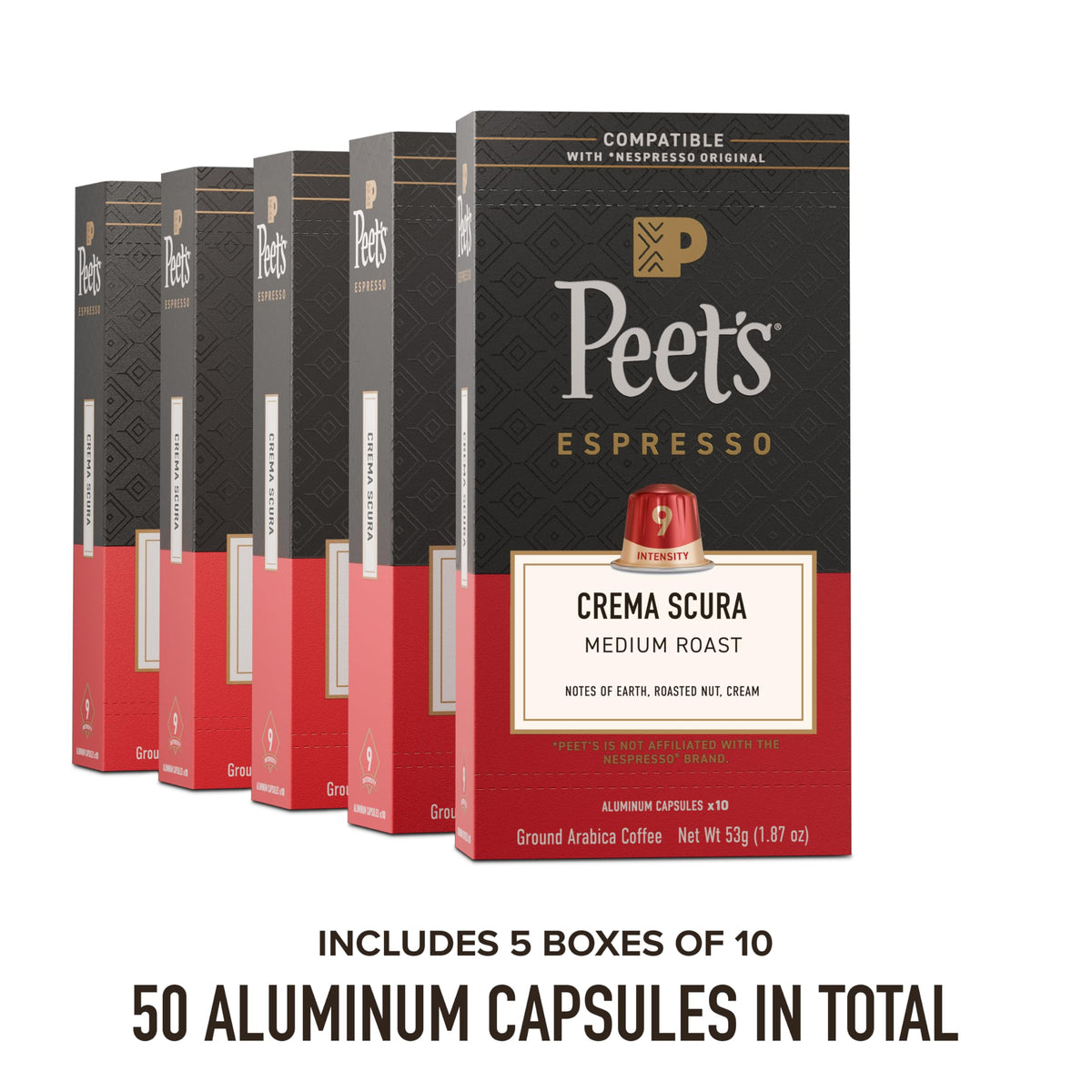 Espresso Capsules by Peet's Coffee – 10 Count (Pack of 5), Crema Scura (Intensity 9), Pack of 5, Model 513386