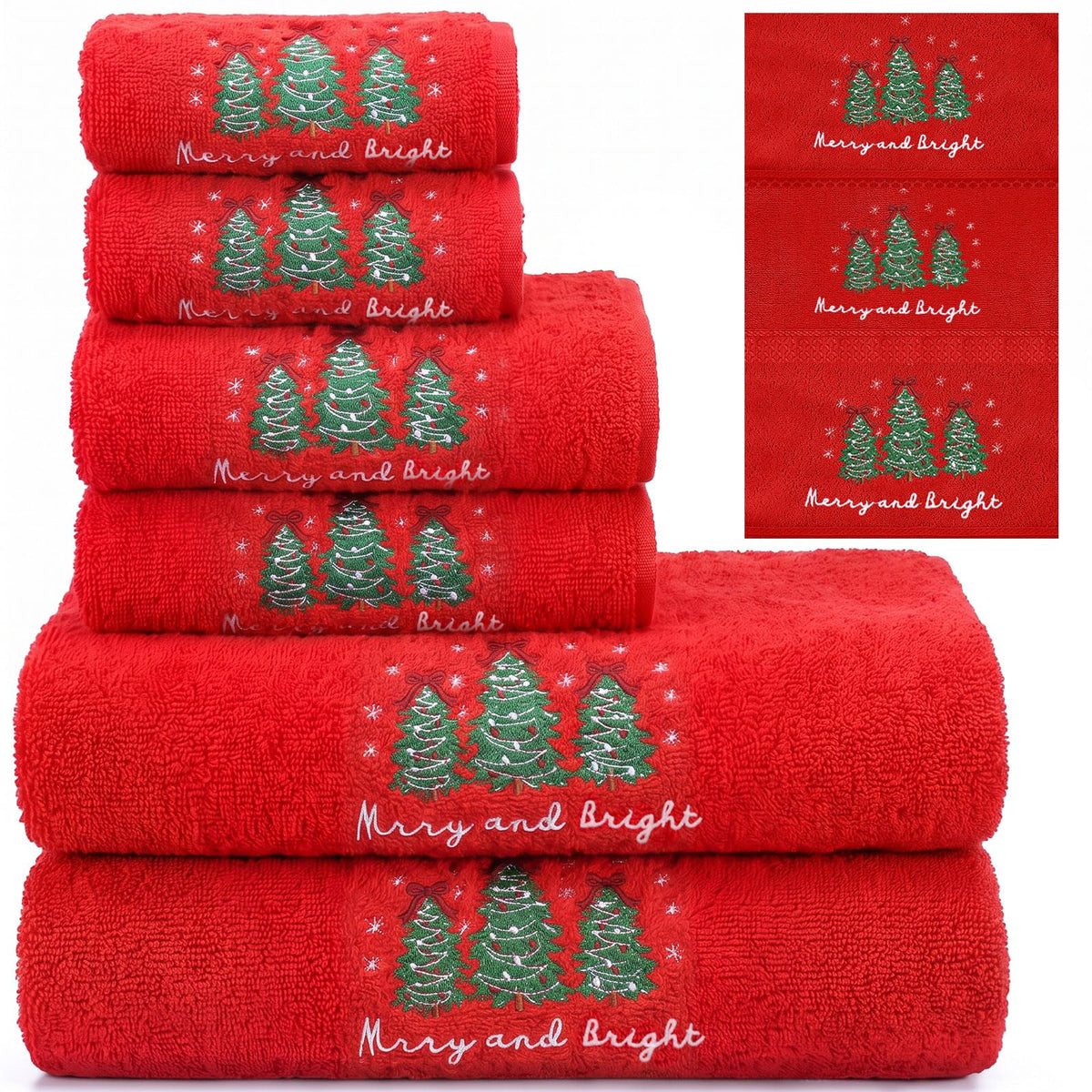 Lumina Garden Christmas Towel Set, Embroidered Cotton, 6 Piece Red