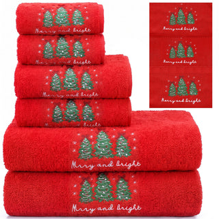 Lumina Garden Christmas Towel Set, Embroidered Cotton, 6 Piece Red