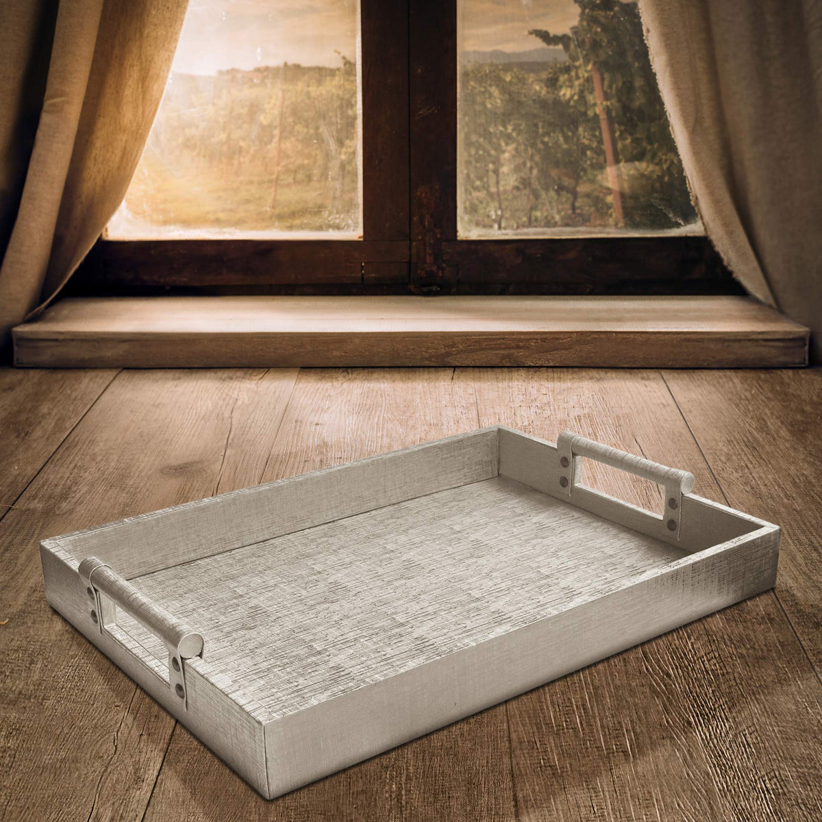 Leather Rectangle Serving Tray with Handles-Silver Large by American Atelier – 1" x 1" x 1", Wood, Silver, Model 1183913