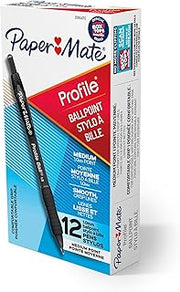 Paper Mate Profile Ballpoint Pens, Retractable, Medium Point (1.0mm), Black, 12 Count - Soft Comfort Grip