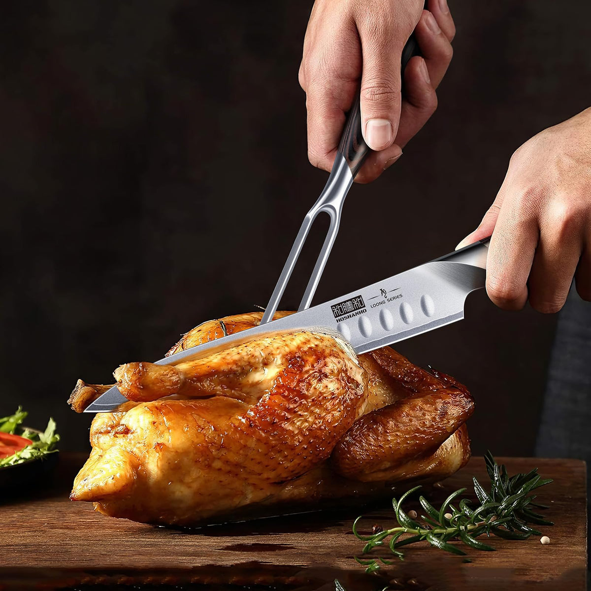 Hoshanho Carving Knife and Fork Set, 8 Inch Blade with 7 Inch Fork, Silver