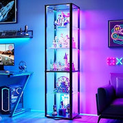 HNEBC 360° Swivel Glass Display Cabinet with RGB Lights, APP Control-Black | Motion Sensor Lights, 5-Tier Adjustable Shelves, 4 Sides Clear Tempered Glass, Dynamic & Static Lighting Modes, Gift Choice